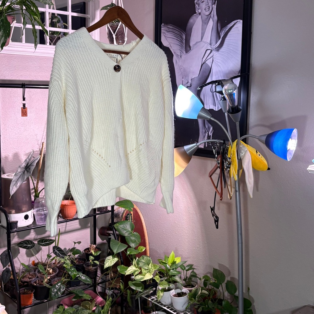 Cream Knit Cardigan Button Down Sweater Long Sleeve Casual Warm Cozy Exlura